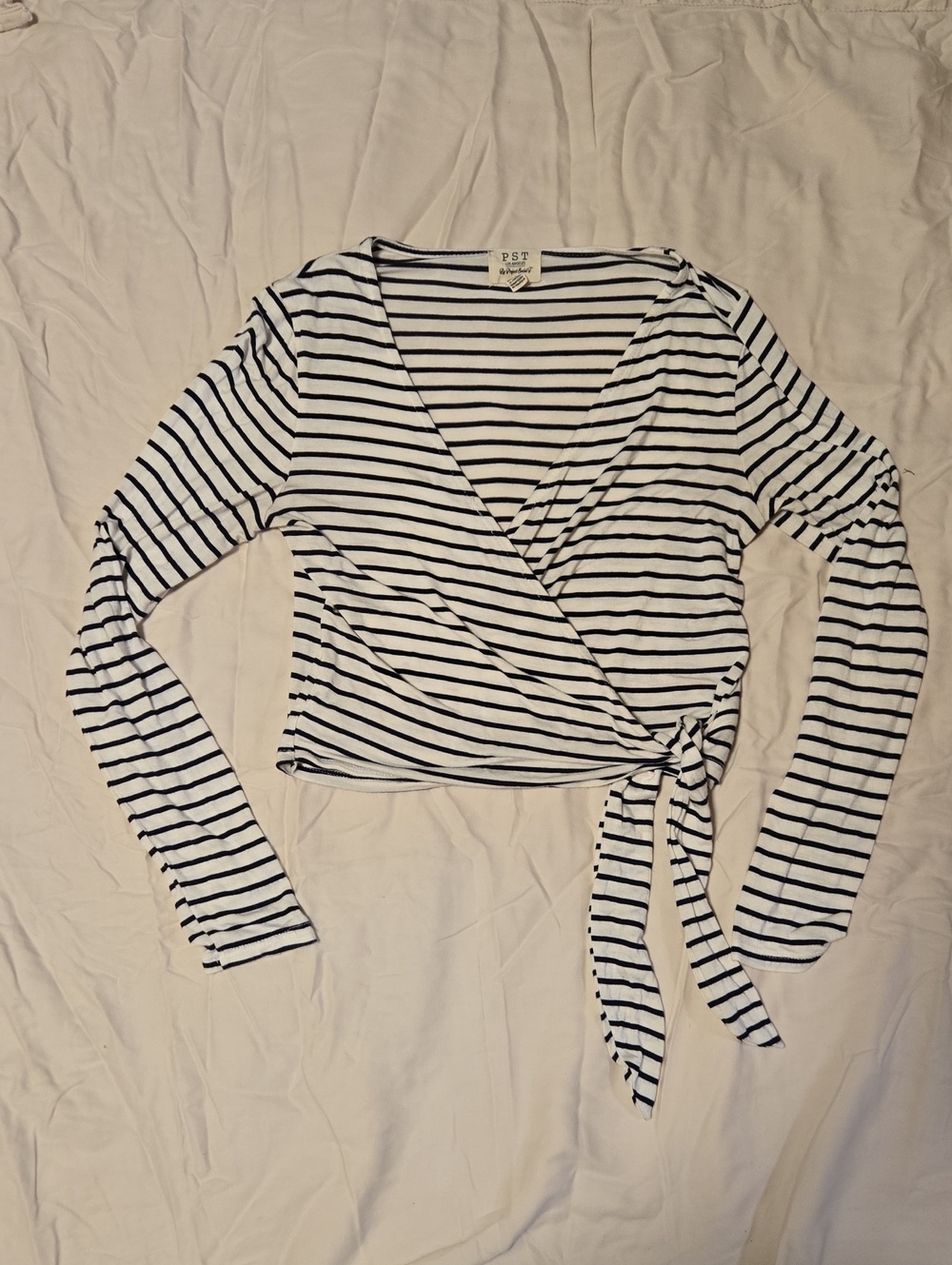Black & White Striped Wrap Long-Sleeve Top